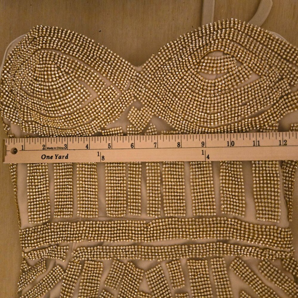Andrea & Leo Gold Beaded Crystal Embellished Evening Strapless Gown Size 6 - Picture 10 of 13